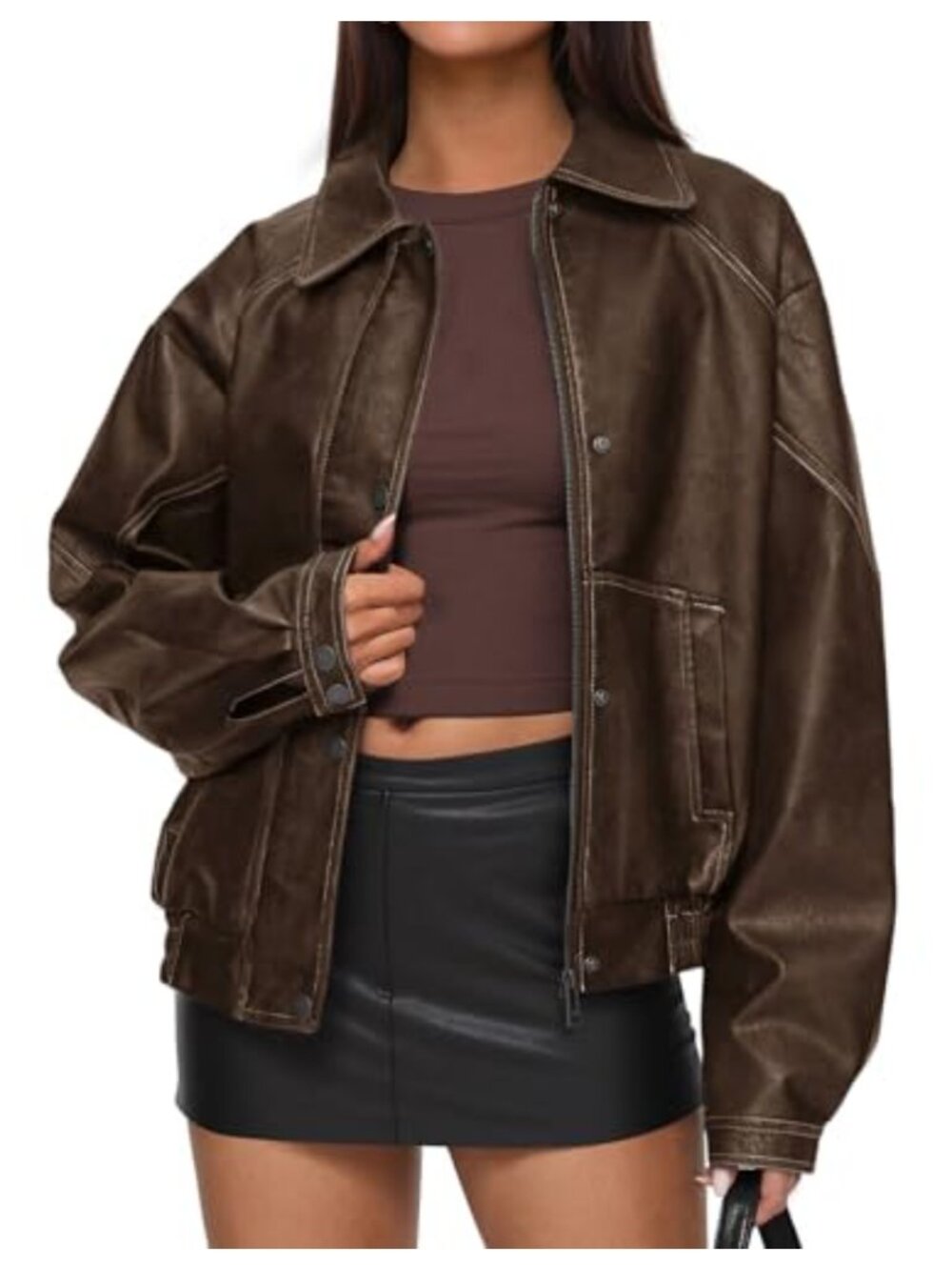 Oversized Faux Leather Moto Biker Jacket Button-Down Trench Coat